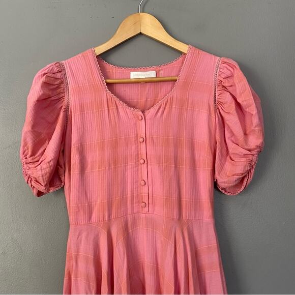 LOVESHACKFANCY Puff Sleeve Maxi Dress feminine  Preppy Pink Plaid Layered XS 0 - Picture 3 of 10